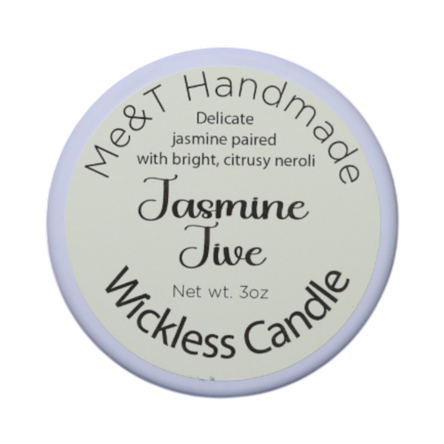 Jasmine Jive Wickless candle shown in a white tin with an off-white label