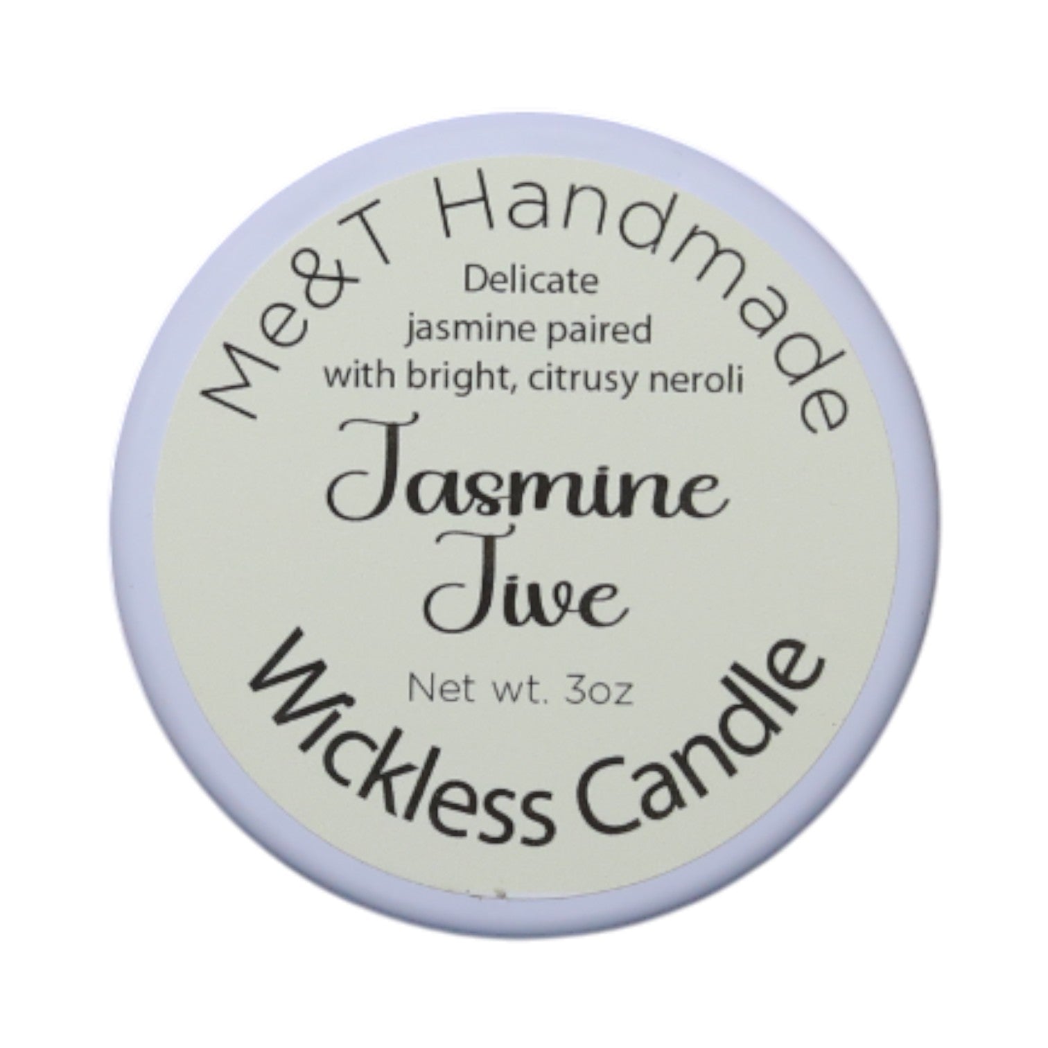 Jasmine Jive Wickless candle shown in a white tin with an off-white label