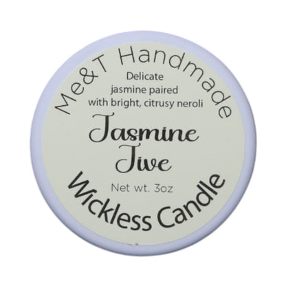 Jasmine Jive Wickless candle shown in a white tin with an off-white label