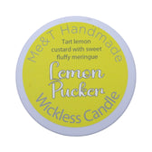 Lemon Pucker Wickless candle shown in a white tin with a yellow label