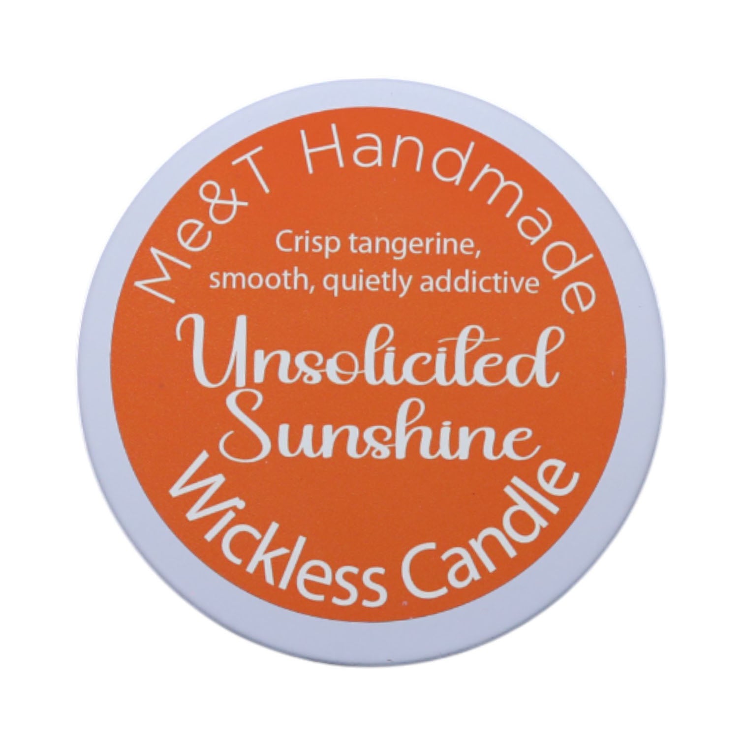 Unsolicited Sunshine Wickless Candle shown in a white tin with an orange label