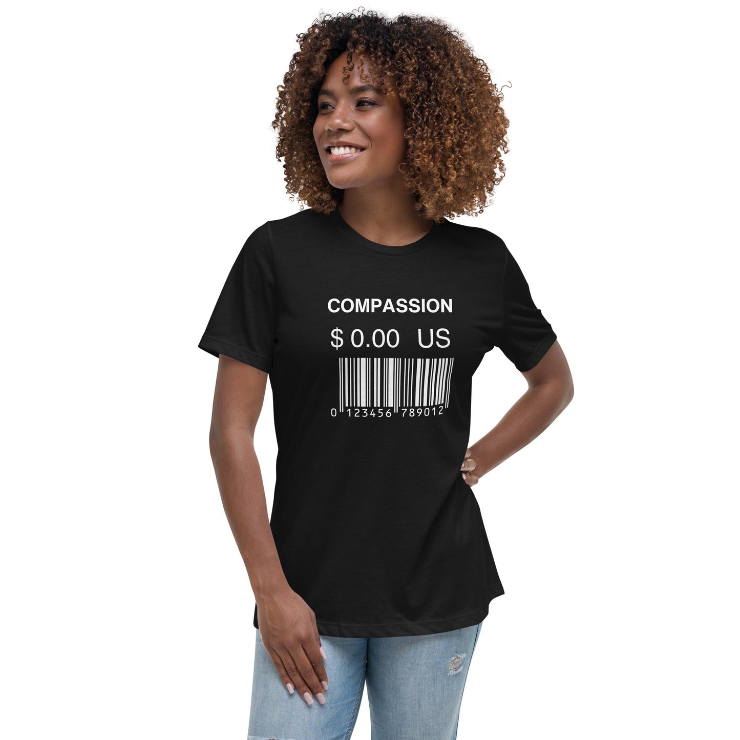 Women's Relaxed T-Shirt (Compassion is Free with Barcode) - Vegan America