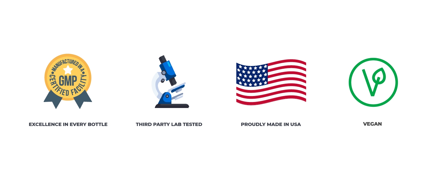 excellence in every bottle, third party tested, proudly made in usa, vegan