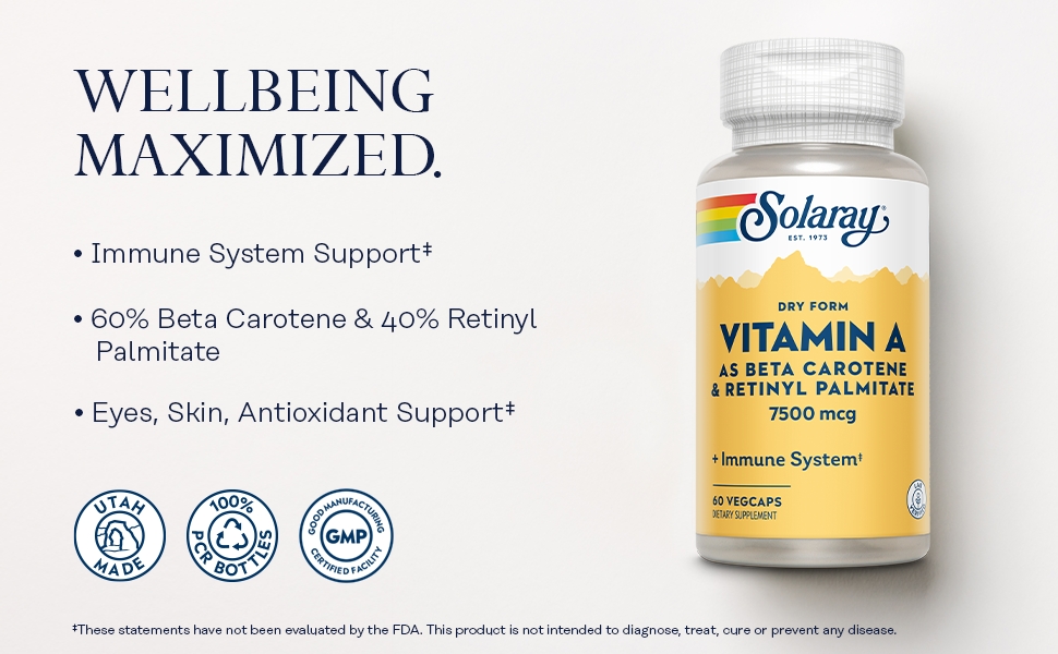 Solaray Dry Form Vitamin A 25,000 IU Healthy Skin Eyes Antioxidant Activity Immune System Function